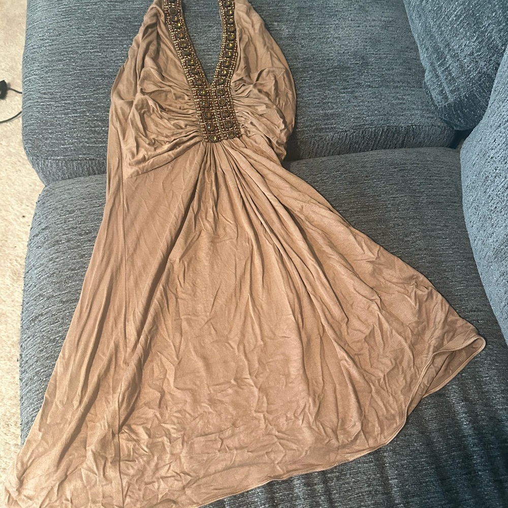 Sky Tan Backless Dress with Beaded Detail